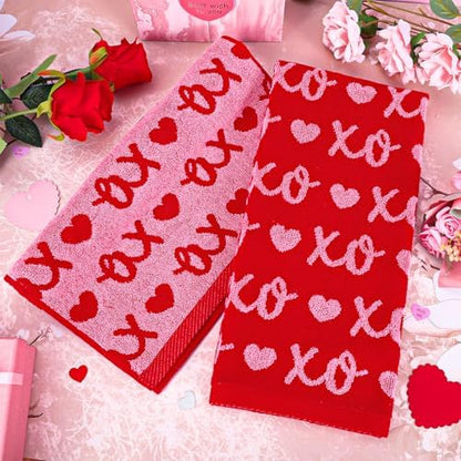 Whaline Valentine's Day Hand Towels Cotton Bathroom Towel Red Pink Heart Decorative Absorbent Bath Towel for Kitchen Dish Drying Cleaning Cooking Wedding, 29.5 x 13.4 Inch, 2Pcs