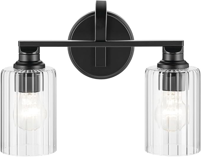 Kichler Gioe 14.25" 2-Light Vanity Light with Clear Fluted Glass in Black, Damp Rated, for Bathroom, Powder Room, Over a Mirror, (14.25" W x 10.5" H), 55225BKFLU