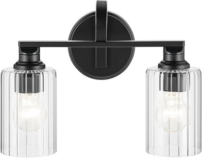 Kichler Gioe 14.25" 2-Light Vanity Light with Clear Fluted Glass in Black, Damp Rated, for Bathroom, Powder Room, Over a Mirror, (14.25" W x 10.5" H), 55225BKFLU