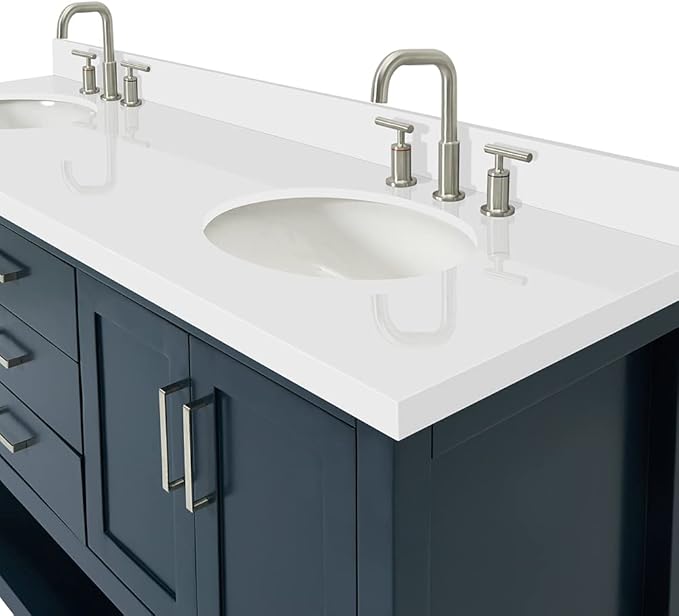 ARIEL Magnolia 72-inch Bathroom Vanity with Sink,Solid Wood, 1.5-inch Pure White Quartz Countertop & Backsplash, Double Oval Porcelain Sink, 4 Soft Closing Doors, 3 Dovetail Drawers, Midnight Blue
