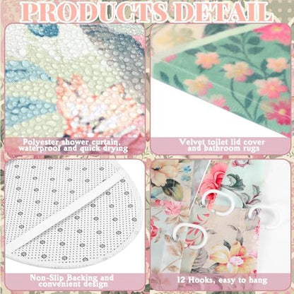FuWeave 8 Pcs Vintage Floral Shower Curtain Set Girly Bathroom Decor Flower Waterproof Bathroom Accessories Rustic Farmhouse Shower Curtain Sets with Towels Carpet Bath Mat Toilet Rugs and 12 Hooks