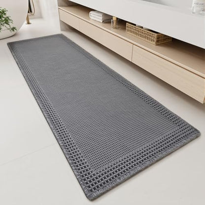 RESARE Waffle Bathroom Runner Rugs, Non Slip Boho Bath Mat 24x72 Dark Grey