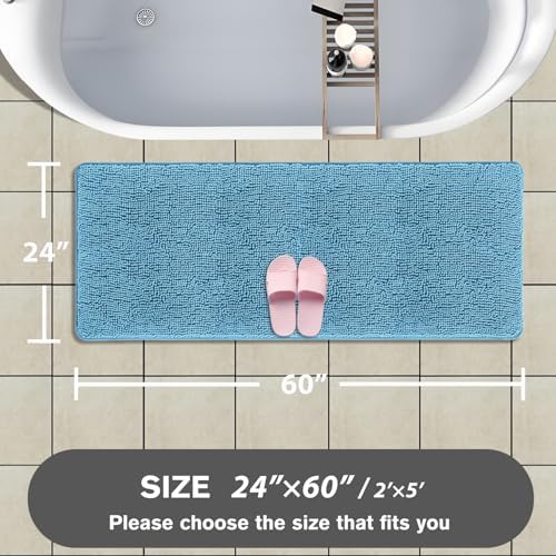 Bathroom Runner Rug 24 x 60 Inch – Extra Large Long Bath Mat | Absorbent and Washable Thick Chenille Bath Rug Non-Slip Runner Rug for Bathroom, Shower, Sink(Sky Blue)