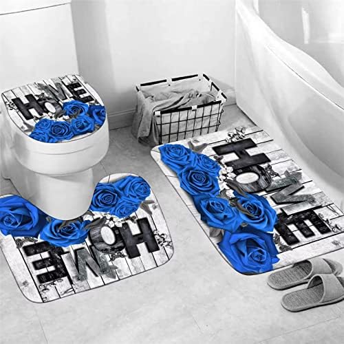 Yddsky 4 Pcs Blue Rose Shower Curtain Set with Rugs Bathroom Set