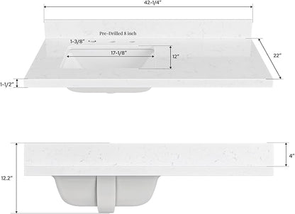 ARIEL 42 inch Bathroom Vanity top with Sink, 1.5 Inch Thick Miter Edge Carrara White Quartz top, Left Offset Vanity top with Rectangle Porcelain Sink, Includes Backsplash