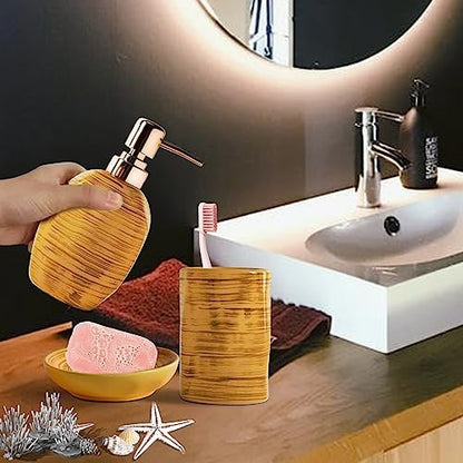 Bathroom Accessories Set, 3 Pcs Marble Look Bath Set Soap Dispenser & Toothbrush Holder Set, Counter Top Restroom Apartment Decor Stuff, Ceramic Kits, Unique Gift, Yellow