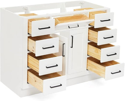 ARIEL Hepburn 48-inch Bathroom Vanity Base Cabinet,Solid Wood, 2 Soft Closing Doors, 9 Dovetail Drawers, White