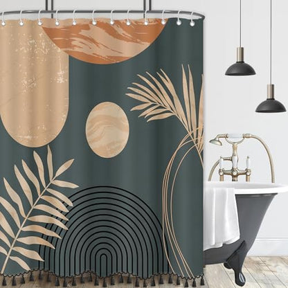 Boho Mid Century Leaf Shower Curtain Set,Arch Sun Design,Minimalistic Leaves Pattern,Waterproof and Luxurious Fabric-12 Hooks(Brown-72" x 78")