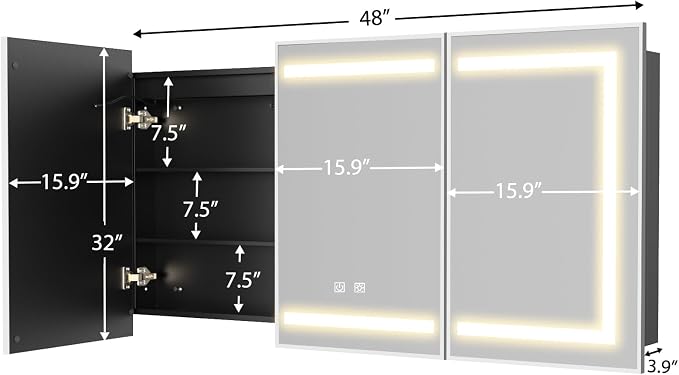 ROOMTEC 48 x 32 Inch Medicine Cabinet Mirror with LED Lights, Silver Bathroom Medicine Cabinet with Mirror and Storage, Recessed or Wall Mount, 3 Color Temperature, Dimmable Light