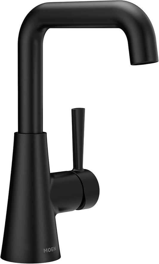 Moen Ronan Matte Black Double Bend Single Hole Modern Bathroom Sink Faucet with Optional Deckplate and Spring Loaded Drain Assembly, 84024BL