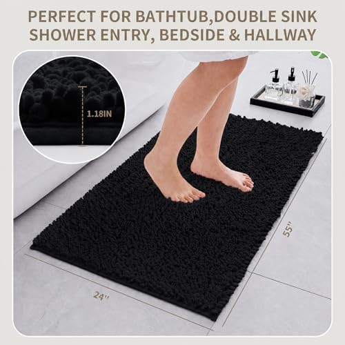 Bathroom Rugs Non Slip Washable 55x24, Extra Thick Soft Chenille Absorbent Bath Mat, High Density Barrier Non Slip Backing, Quick Dry Plush Shaggy Floor Carpet for Tub&Shower, Black