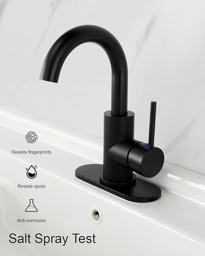 RKF Single-Handle Bathroom Sink Faucet, Swivel Spout, with Pop-up Drain with Overflow and Supply Hose,Bar Sink Faucet,Small Kitchen Faucet Tap,Matte Black,BF3501P-MB