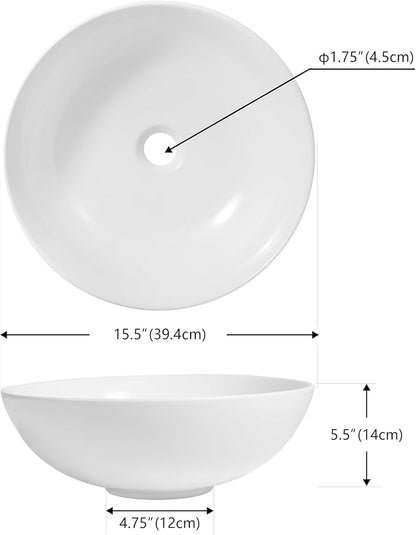 JONATHAN Y Quarry 15.5" Round Ceramic Bathroom Bowl Vessel Sink, White | Glossy Finish, Above Counter Installation, Non-Porous, Stain And Scratch Resistant, 1.75" Drain Hole