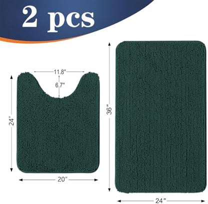 OLANLY Chenille Bathroom Rugs Sets 2 Piece, 36"x24"+24"x20", Blackish Green