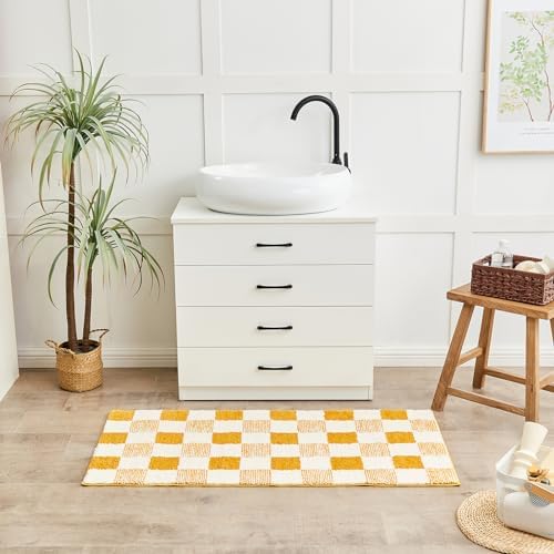 CozeCube Harvest Gold Checkered Bath Mat 24"x16" Non Slip Washable Rug