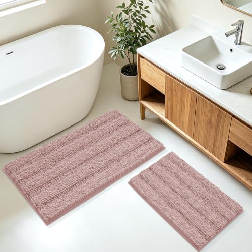 ACCUMTEK Striped Dusty Pink Bathroom Rug Mat Set 2 piece 32"x20"+24"x17" Ultra Soft, Non Slip Chenille Bath Rugs, Absorbent Plush Shaggy Bath Mats for Bathroom, Bedroom, Kitchen, Shower, Tub