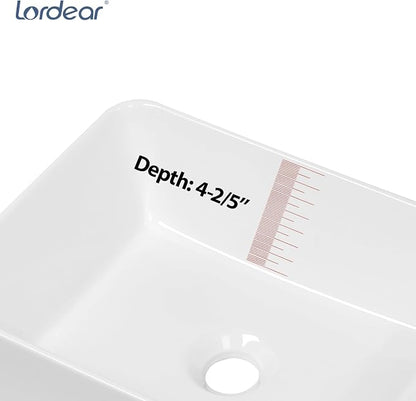 Lordear Vessel Sink Rectangular 16"x12" Rectangle Bathroom Sink | Pure White Porcelain Ceramic Vessel Sink, Rectangular Above Counter Sink Art Basin