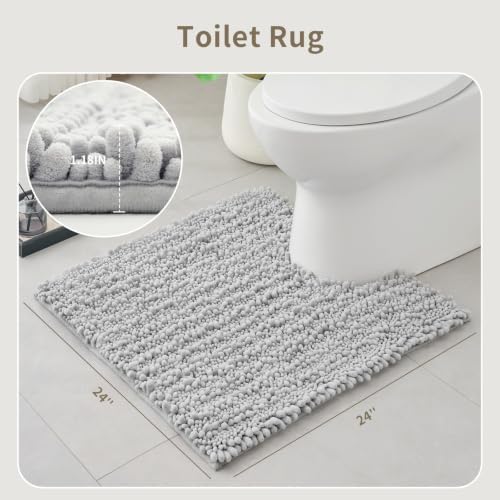 Silver Toilet Rugs U Shaped Washable, 24x24 Contour Bath Rugs for Toilet, Luxury Ultra Soft Chenille U-Shaped Toilet Rug, Non Slip Absorbent Machine Washable Bathroom Mat for Toile