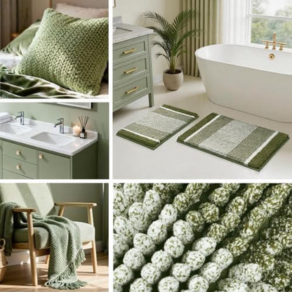HOMEIDEAS Sage Green Bathroom Rugs Set, Striped Chenille, 20"x32"+17"x24"