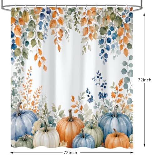 Fall Pumpkin Shower Curtain, Autumn Thanksgiving Harvest Floral Plant Leaves Farmhouse Bath Curtain Accessories, Waterproof Polyester Fabric Bathroom Curtain 72X72in