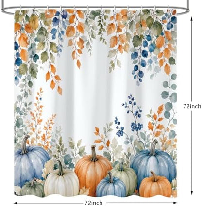 Fall Pumpkin Shower Curtain, Autumn Thanksgiving Harvest Floral Plant Leaves Farmhouse Bath Curtain Accessories, Waterproof Polyester Fabric Bathroom Curtain 72X72in