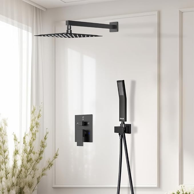 Shower System Shower Faucet Set, STARBATH 8" Wall Mount Rain Shower Head and Handheld Spray for Two Person, Rainfall Shower System with Diverter Valve and Trim Kit Complete,Matte Black