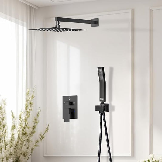 Shower System Shower Faucet Set, STARBATH 8" Wall Mount Rain Shower Head and Handheld Spray for Two Person, Rainfall Shower System with Diverter Valve and Trim Kit Complete,Matte Black