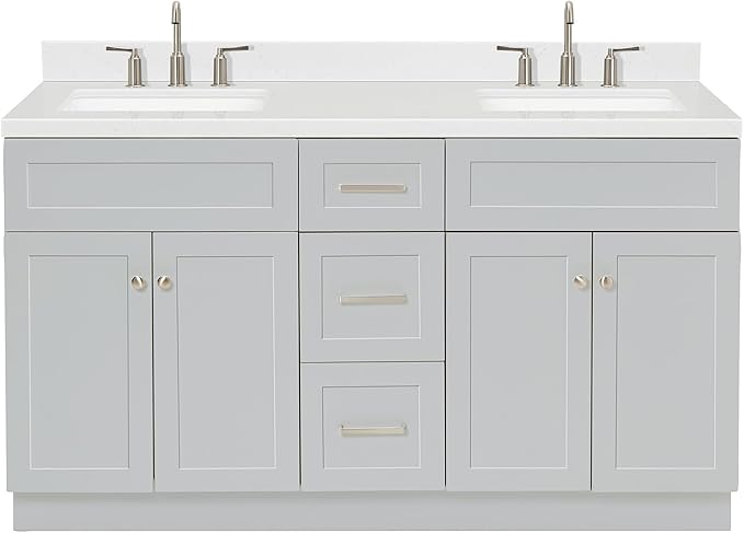 ARIEL Hamlet 60-inch Bathroom Vanity with Sink,Solid Wood, 1.5-inch Carrara White Quartz Countertop & Backsplash, Double Rectangular Porcelain Sink, 4 Soft Closing Doors, 3 Dovetail Drawers, Grey