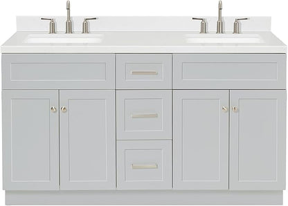 ARIEL Hamlet 60-inch Bathroom Vanity with Sink,Solid Wood, 1.5-inch Carrara White Quartz Countertop & Backsplash, Double Rectangular Porcelain Sink, 4 Soft Closing Doors, 3 Dovetail Drawers, Grey
