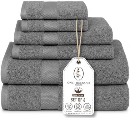 Premium Staple Cotton Bathroom Towel Set - Gray 600 GSM 6-Piece Luxury Bath Towel Set 1 Stripe - 2 Bath Towels, 2 Hand Towels & 2 Washclothes Set - High Absorbent & Quick Dry for Gym, Spa, Hotel