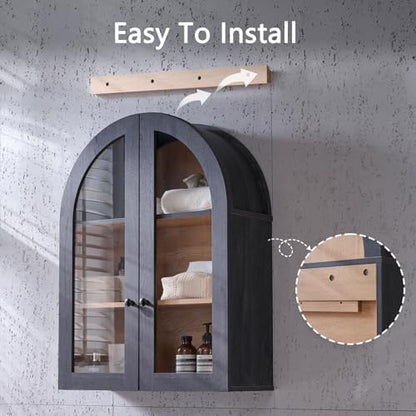Bathroom Arched Wall Cabinet, 23.5'' Wide Medicine Cabinet, Wall Mount with Glass Doors & Adjustable Shelves, Over the Toilet Storage Cabinet for Laundry Room, Bedroom, Kitchen, Grey Black