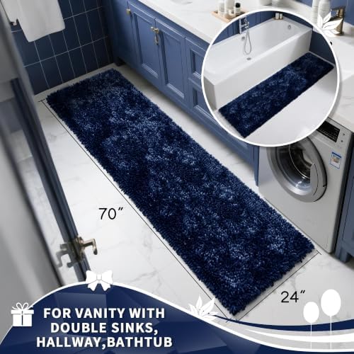 Yimobra Long Bathroom Rugs Runner 70x24 Inch, Extra Thick Soft Absorbent Chenille Bath Mat, Non Slip Machine Washable, Quick Dry Bath Rugs for Bathroom Floor, Tub and Shower, Navy Blue