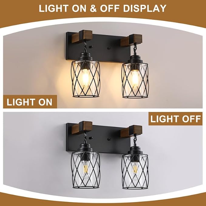 Bathroom Light Fixtures,Farmhouse Black Metal with Glass Shade | 2 Light Rustic Vanity Lights, Wood Accent Wire Cage Design, Mounts Over Mirror, Ideal for Bedroom & Hallway,Easy to Install