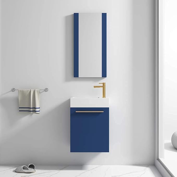 Blossom 18-Inch Floating Bathroom Vanity with Acrylic Sink and Mirror, All-Wood Construction, Space-Saving Wall Mounted Vanity for Compact Bathrooms, Modern Design Bathroom Sink Cabinet, Navy Blue