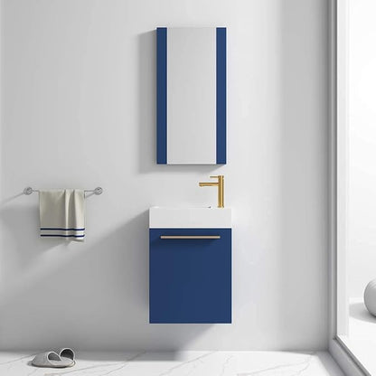 Blossom 18-Inch Floating Bathroom Vanity with Acrylic Sink and Mirror, All-Wood Construction, Space-Saving Wall Mounted Vanity for Compact Bathrooms, Modern Design Bathroom Sink Cabinet, Navy Blue