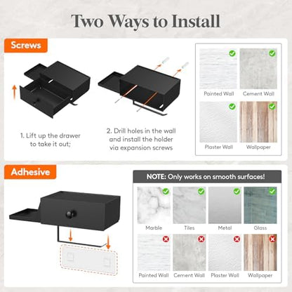 Lifewit Toilet Paper Holder Wall Mount with Shelf & Drawer, Black, 1 Pack
