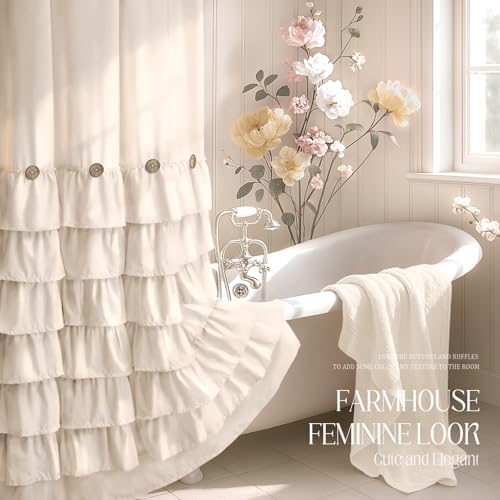 Ruffle Farmhouse Shower Curtain, Cream Vintage Shower Curtains for Bathroom Fabric Cute Rustic Cloth, 72" W X 78" L Inch
