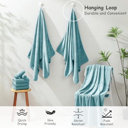 18 Pcs Turquoise Woven Family Towels Set-6 Bath Sheets,6 Hand Towels,6 Washcloths Soft Polyester Towels Absorbent Shower Towel Quick Dry Beach Chair Towel Lint Less Towels Set for Bathroom Spa Gym