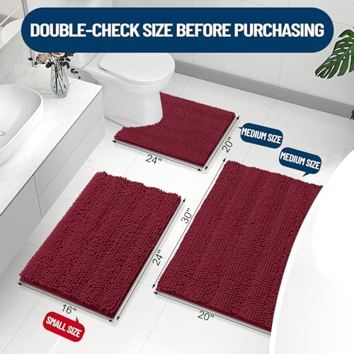 Grandaily Chenille Striped Bathroom Rugs 40x32, Extra Thick and Absorbent Bath Mats, Non-Slip Soft Plush Shaggy Shower Carpet, Machine Wash Dry, Bath Rug for Bathroom, Burgundy