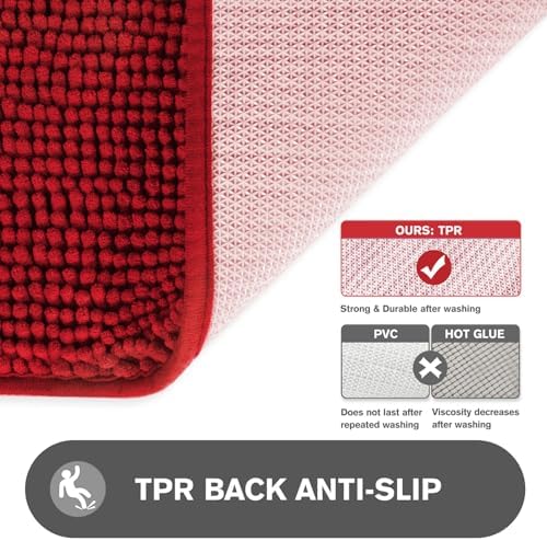 Red Bathroom Rugs – Absorbent and Washable Bath Mat, Non-Slip, Thick Soft Chenille Bath Rugs for Bathroom Floor, Shower - 17" x 24"