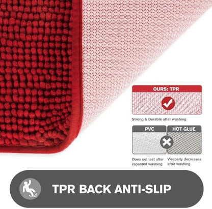 Red Bathroom Rugs – Absorbent and Washable Bath Mat, Non-Slip, Thick Soft Chenille Bath Rugs for Bathroom Floor, Shower - 17" x 24"