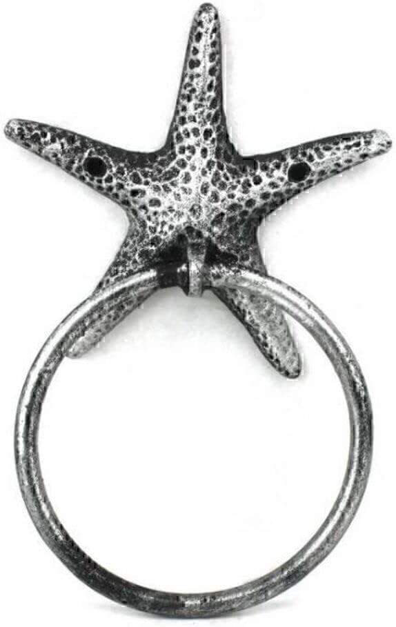 Antique Silver Cast Iron Starfish Towel Holder 8.5 Inch - Starfish Decoration - Sea Home Decor