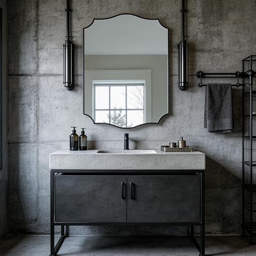 ANDY STAR 32"x40" Black Bathroom Mirror, Scalloped Mirrors for Bathroom, Black Arched Mirror with Elegant Curved Scallop Design, Premium Stainless Steel Thin Frame, Hangs Horizontally or Vertically