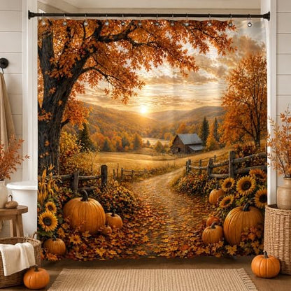 Autumn Pumpkin Shower Curtain, Fall Farmhouse Bathroom Curtain, Thanksgiving Harvest Sunflower Maple Leaves Country Road Waterproof Polyester Fabric Bath Curtain with Hooks 72x72 Inch