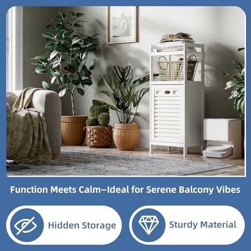 HITNET Bamboo Tilt Out Hamper, 10 Gal Bathroom Laundry Cabinet with Hidden Foldable Basket, Freestanding Clothes Storage Organizer with Storage Shelf, White