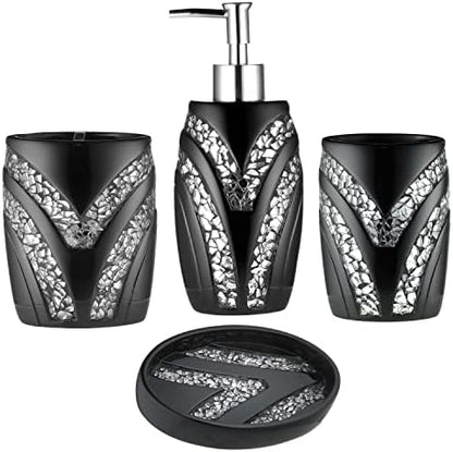 Zahari Home 4pc Sinatra Stylish Bathroom Accessories Set Black Soap Dispenser/Lotion Pump, Tumbler, Tooth Brush Holder and Soap Dish Modern Luxury Decor Bling Mosaic Glass Black Bathroom Accessories