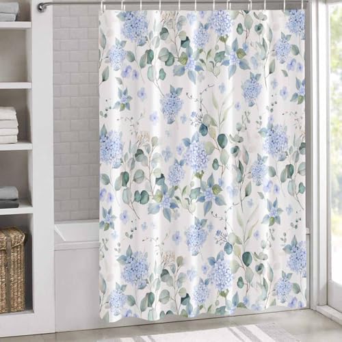 Shower Curtain Bathroom Set Summer Watercolor Blue Hydrangea Waterproof Fabric Shower Curtains with Grommets&Hooks Pastoral Eucalyptus Leaf Privacy Bath Curtain for Bathtub Decor 60x72IN