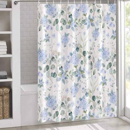 Shower Curtain Bathroom Set Summer Watercolor Blue Hydrangea Waterproof Fabric Shower Curtains with Grommets&Hooks Pastoral Eucalyptus Leaf Privacy Bath Curtain for Bathtub Decor 60x72IN