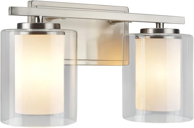 Aspen Creative 62102A, Two-Light Metal Bathroom Vanity Wall Light Fixture, 13 1/2" Wide, Transitional Design in Satin Nickel with Clear Glass Shade