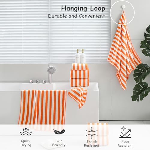 18 Pcs Orange Stripe Bath Towel Set with Hanging Loop-6 Bath Towels,6 Hand Towels,6 Washcloths Soft Family Towels Bathroom Towel Highly Absorbent Quick Dry Shower Towel for Beach Chair Spa Gym Hotel
